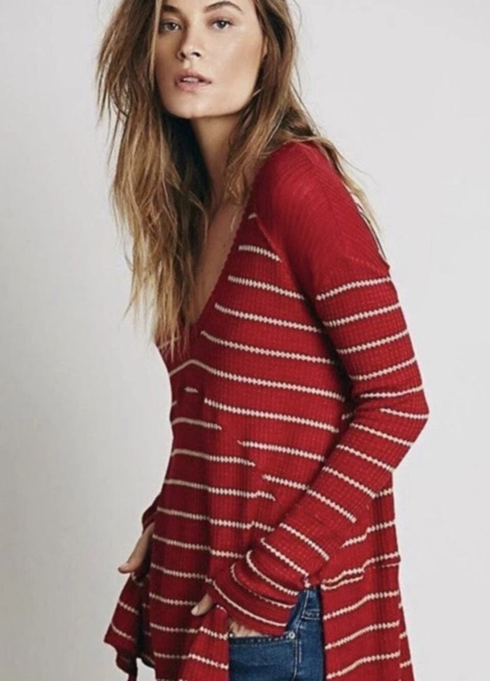 Free People Sunset Park Red Slouchy Boho Hippie Thermal Oversized Raw Hem Top XS